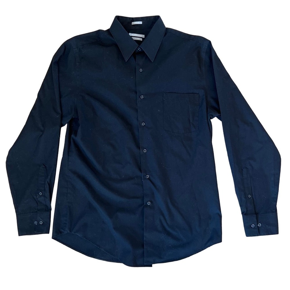 Mens VAN HUESEN Poplin Fitted Black Button Down SZ‎ 16 34/35